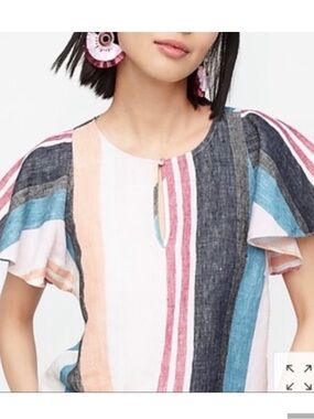 J. Crew Linen Striped Flutter-Sleeve Keyhole Top in Pink, Blue & Black size 0